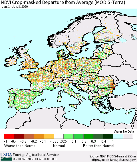Europe Cropland NDVI Departure from Average (Terra-MODIS) Thematic Map For 6/1/2020 - 6/10/2020