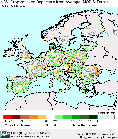 Europe Cropland NDVI Departure from Average (Terra-MODIS) Thematic Map For 6/11/2020 - 6/20/2020