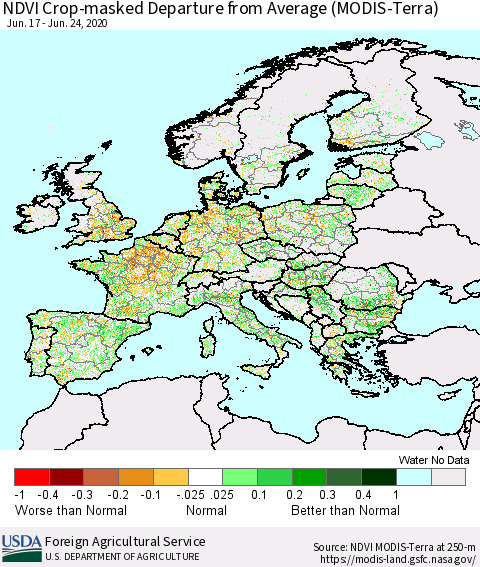 Europe Cropland NDVI Departure from Average (Terra-MODIS) Thematic Map For 6/21/2020 - 6/30/2020