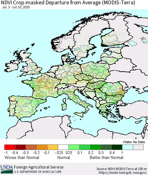 Europe Cropland NDVI Departure from Average (Terra-MODIS) Thematic Map For 7/1/2020 - 7/10/2020