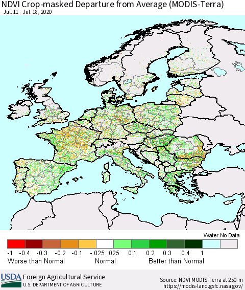 Europe Cropland NDVI Departure from Average (Terra-MODIS) Thematic Map For 7/11/2020 - 7/20/2020