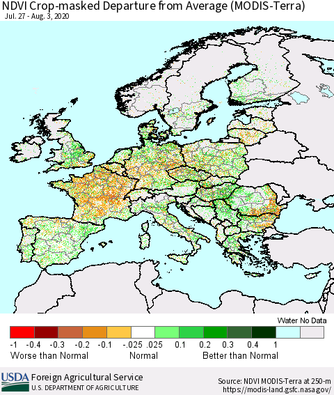 Europe Cropland NDVI Departure from Average (Terra-MODIS) Thematic Map For 8/1/2020 - 8/10/2020