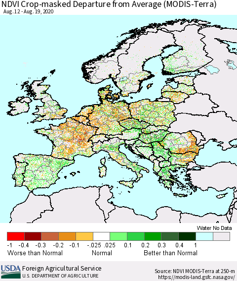 Europe Cropland NDVI Departure from Average (Terra-MODIS) Thematic Map For 8/11/2020 - 8/20/2020