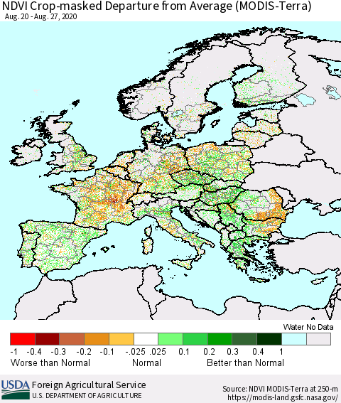 Europe Cropland NDVI Departure from Average (Terra-MODIS) Thematic Map For 8/21/2020 - 8/31/2020