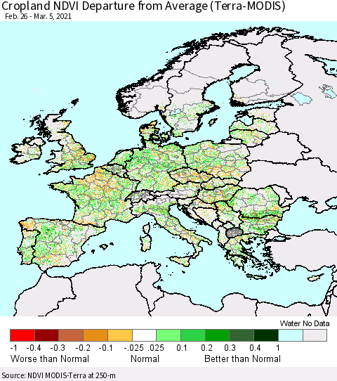 Europe Cropland NDVI Departure from Average (Terra-MODIS) Thematic Map For 2/26/2021 - 3/5/2021