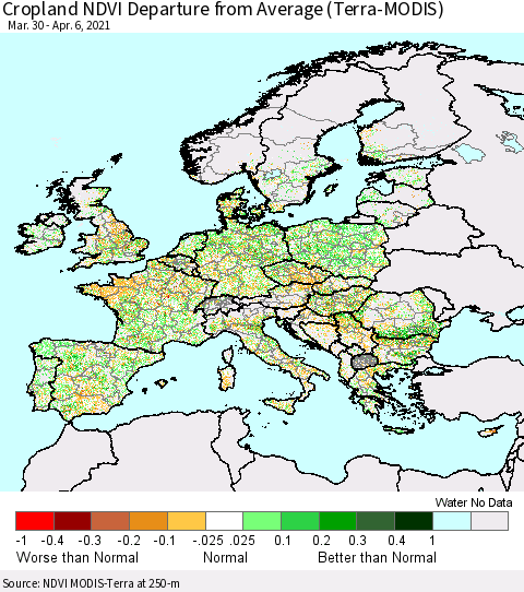Europe Cropland NDVI Departure from Average (Terra-MODIS) Thematic Map For 3/30/2021 - 4/6/2021