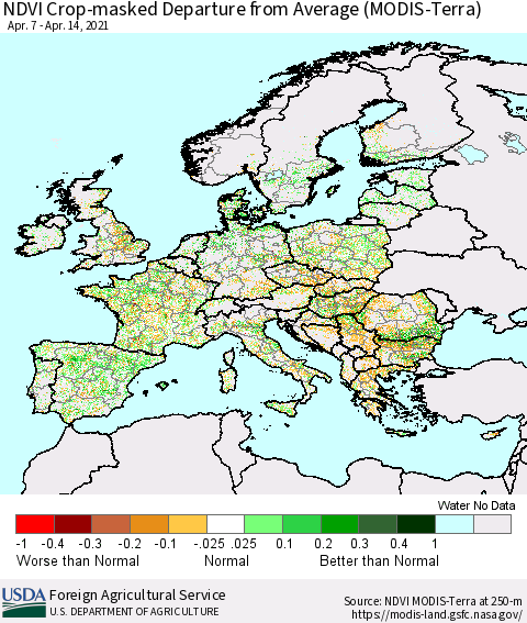 Europe Cropland NDVI Departure from Average (Terra-MODIS) Thematic Map For 4/11/2021 - 4/20/2021