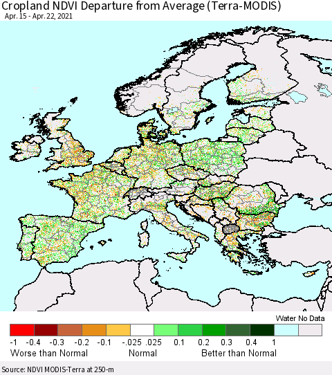 Europe Cropland NDVI Departure from Average (Terra-MODIS) Thematic Map For 4/15/2021 - 4/22/2021