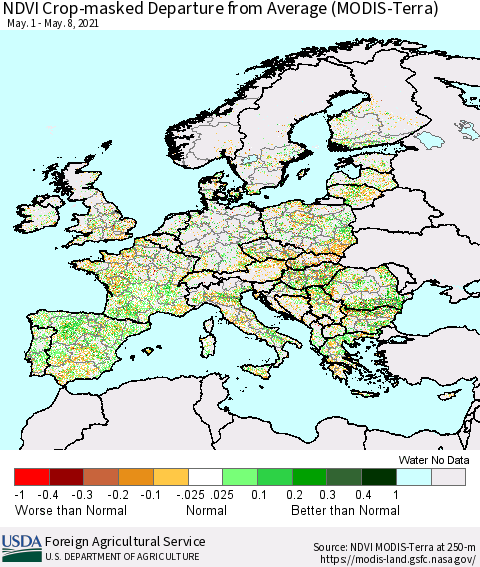 Europe Cropland NDVI Departure from Average (Terra-MODIS) Thematic Map For 5/1/2021 - 5/10/2021