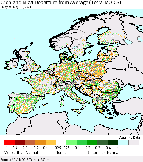 Europe Cropland NDVI Departure from Average (Terra-MODIS) Thematic Map For 5/9/2021 - 5/16/2021