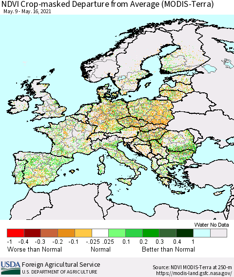 Europe Cropland NDVI Departure from Average (Terra-MODIS) Thematic Map For 5/11/2021 - 5/20/2021