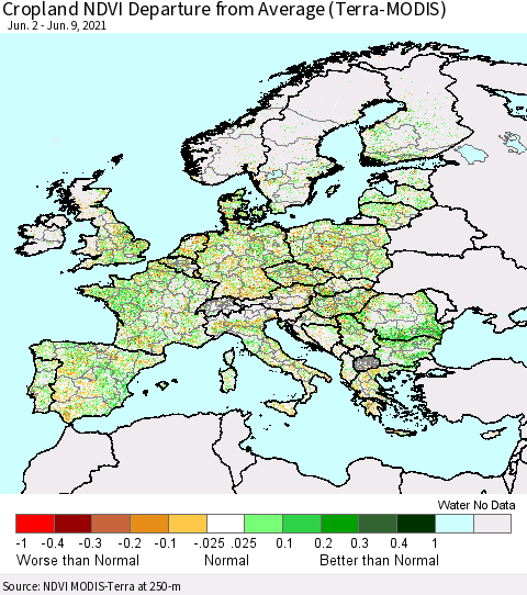 Europe Cropland NDVI Departure from Average (Terra-MODIS) Thematic Map For 6/2/2021 - 6/9/2021