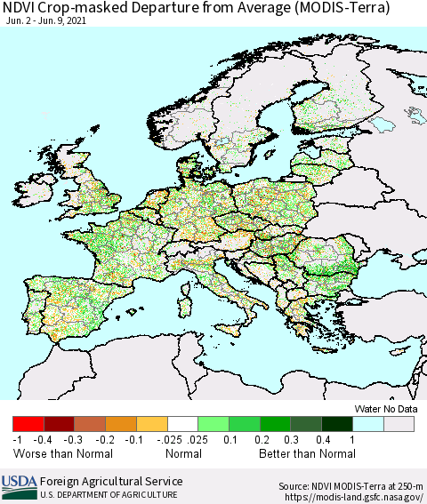 Europe Cropland NDVI Departure from Average (Terra-MODIS) Thematic Map For 6/1/2021 - 6/10/2021