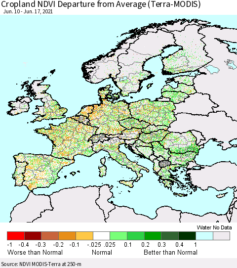 Europe Cropland NDVI Departure from Average (Terra-MODIS) Thematic Map For 6/10/2021 - 6/17/2021