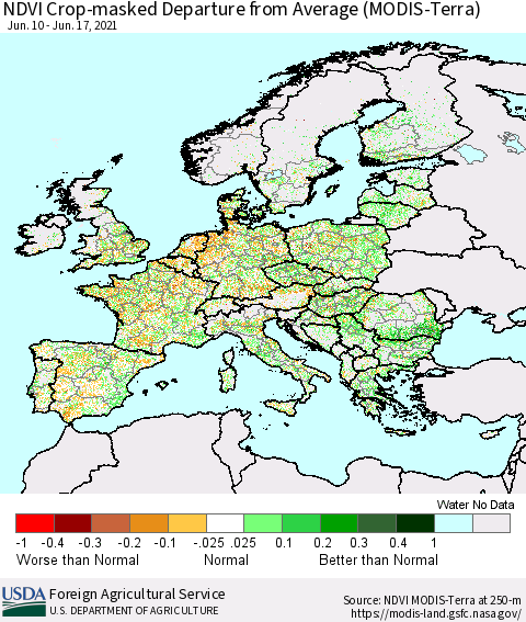 Europe Cropland NDVI Departure from Average (Terra-MODIS) Thematic Map For 6/11/2021 - 6/20/2021