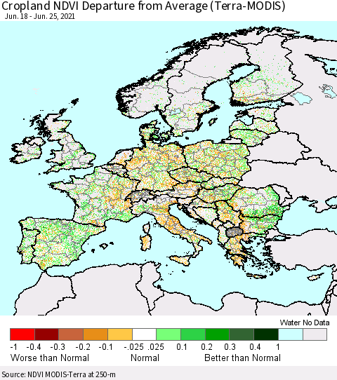 Europe Cropland NDVI Departure from Average (Terra-MODIS) Thematic Map For 6/18/2021 - 6/25/2021