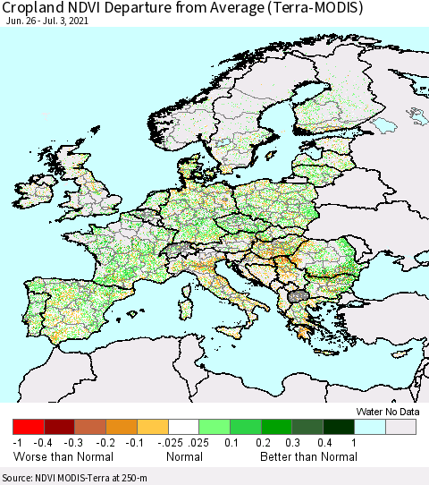 Europe Cropland NDVI Departure from Average (Terra-MODIS) Thematic Map For 6/26/2021 - 7/3/2021