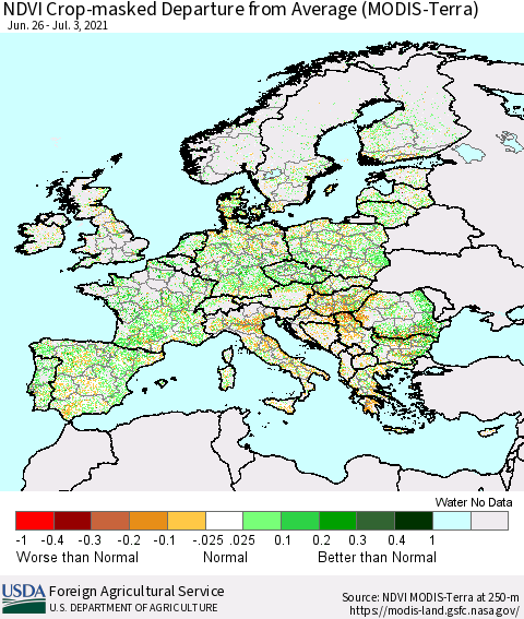 Europe Cropland NDVI Departure from Average (Terra-MODIS) Thematic Map For 7/1/2021 - 7/10/2021