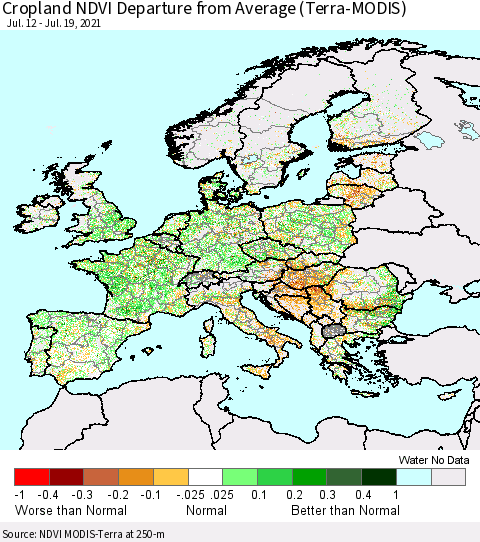 Europe Cropland NDVI Departure from Average (Terra-MODIS) Thematic Map For 7/12/2021 - 7/19/2021
