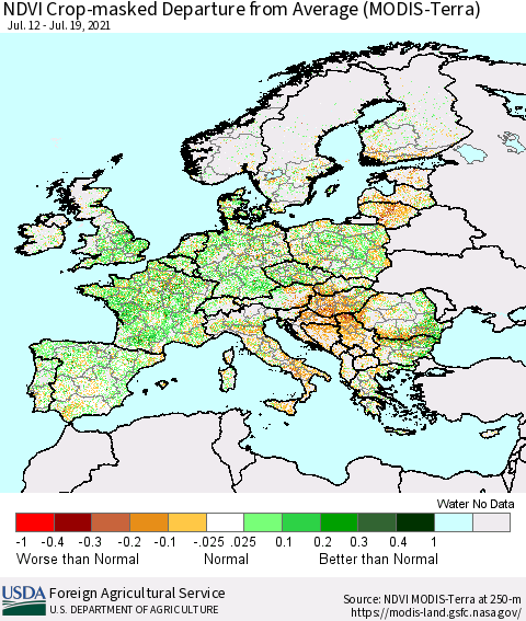 Europe Cropland NDVI Departure from Average (Terra-MODIS) Thematic Map For 7/11/2021 - 7/20/2021