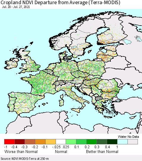 Europe Cropland NDVI Departure from Average (Terra-MODIS) Thematic Map For 7/20/2021 - 7/27/2021