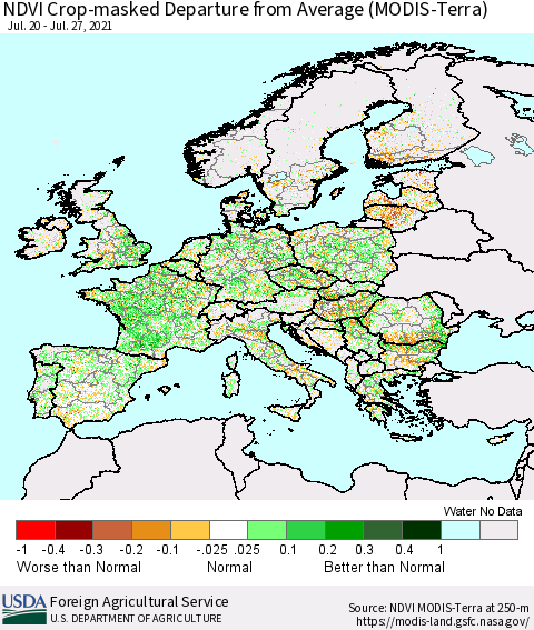 Europe Cropland NDVI Departure from Average (Terra-MODIS) Thematic Map For 7/21/2021 - 7/31/2021