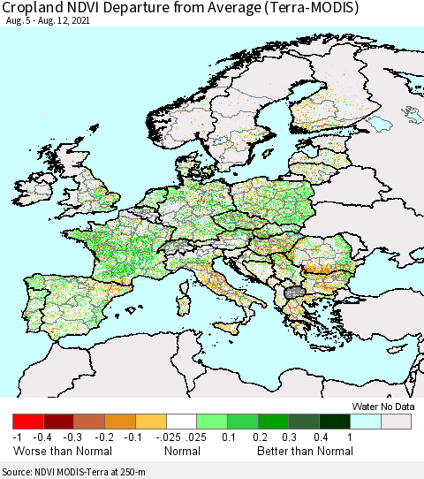Europe Cropland NDVI Departure from Average (Terra-MODIS) Thematic Map For 8/5/2021 - 8/12/2021