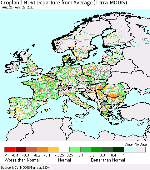 Europe Cropland NDVI Departure from Average (Terra-MODIS) Thematic Map For 8/21/2021 - 8/28/2021