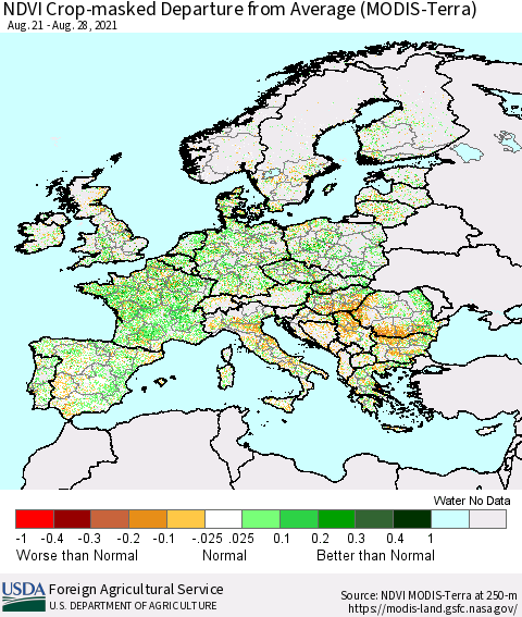 Europe Cropland NDVI Departure from Average (Terra-MODIS) Thematic Map For 8/21/2021 - 8/31/2021