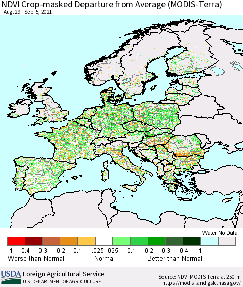 Europe Cropland NDVI Departure from Average (Terra-MODIS) Thematic Map For 9/1/2021 - 9/10/2021