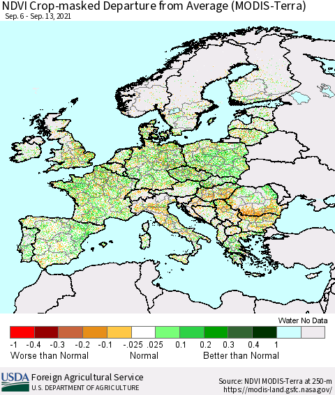 Europe Cropland NDVI Departure from Average (Terra-MODIS) Thematic Map For 9/11/2021 - 9/20/2021