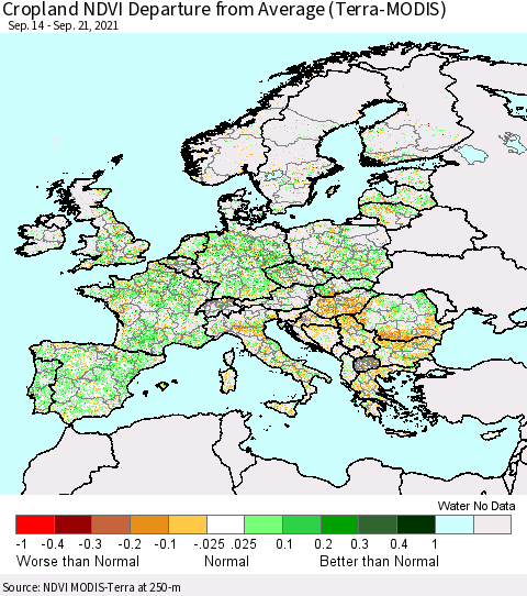 Europe Cropland NDVI Departure from Average (Terra-MODIS) Thematic Map For 9/14/2021 - 9/21/2021
