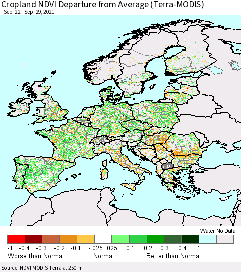 Europe Cropland NDVI Departure from Average (Terra-MODIS) Thematic Map For 9/22/2021 - 9/29/2021