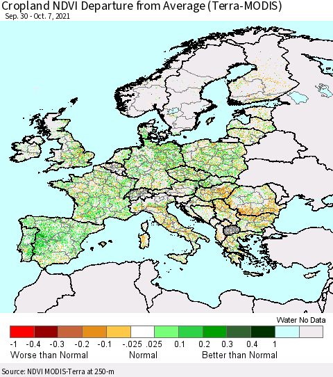Europe Cropland NDVI Departure from Average (Terra-MODIS) Thematic Map For 9/30/2021 - 10/7/2021