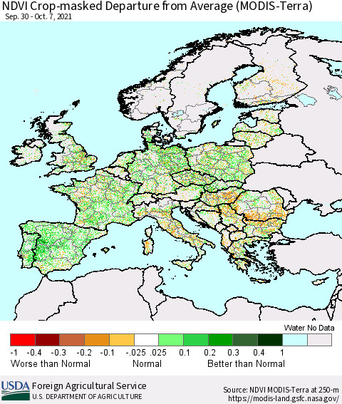 Europe Cropland NDVI Departure from Average (Terra-MODIS) Thematic Map For 10/1/2021 - 10/10/2021