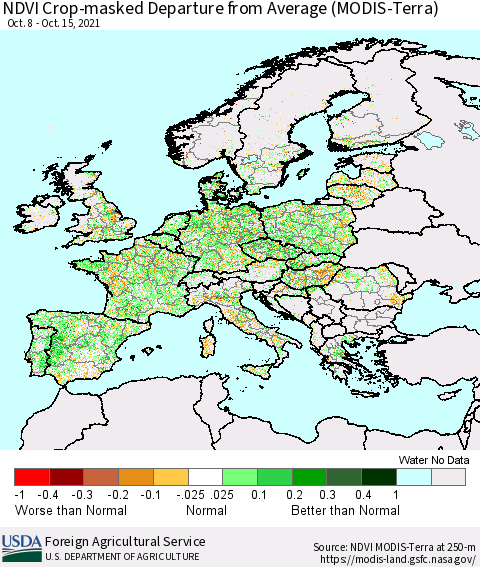 Europe Cropland NDVI Departure from Average (Terra-MODIS) Thematic Map For 10/11/2021 - 10/20/2021