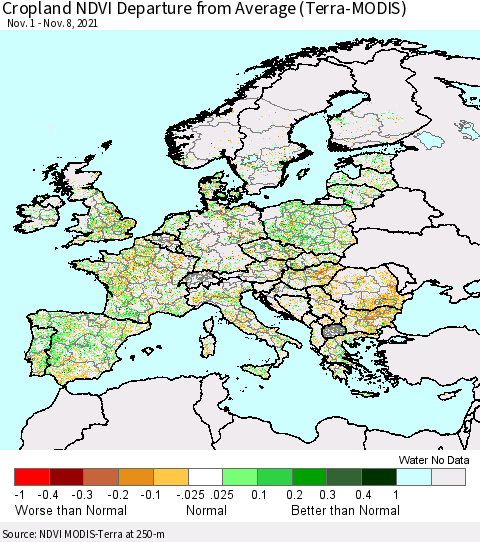 Europe Cropland NDVI Departure from Average (Terra-MODIS) Thematic Map For 11/1/2021 - 11/8/2021