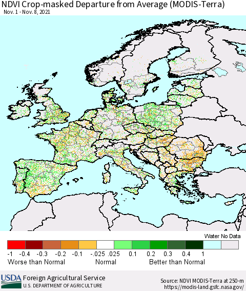 Europe Cropland NDVI Departure from Average (Terra-MODIS) Thematic Map For 11/1/2021 - 11/10/2021