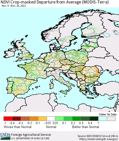 Europe Cropland NDVI Departure from Average (Terra-MODIS) Thematic Map For 11/11/2021 - 11/20/2021