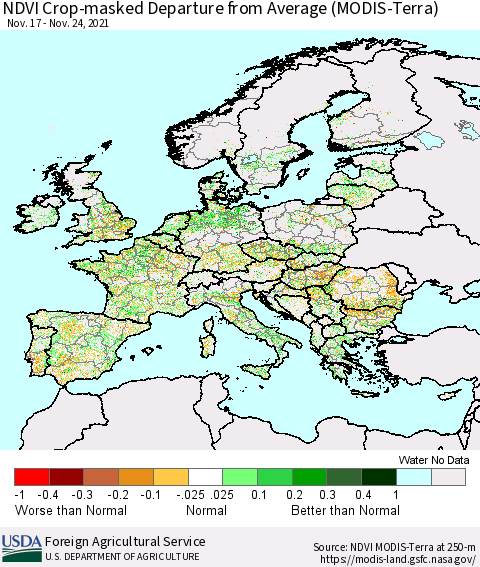 Europe Cropland NDVI Departure from Average (Terra-MODIS) Thematic Map For 11/21/2021 - 11/30/2021