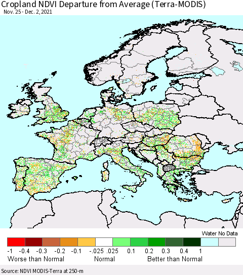 Europe Cropland NDVI Departure from Average (Terra-MODIS) Thematic Map For 11/25/2021 - 12/2/2021