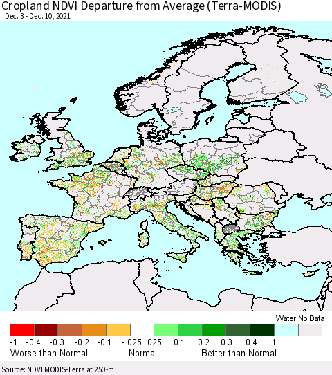 Europe Cropland NDVI Departure from Average (Terra-MODIS) Thematic Map For 12/1/2021 - 12/10/2021