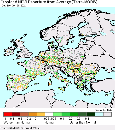 Europe Cropland NDVI Departure from Average (Terra-MODIS) Thematic Map For 12/19/2021 - 12/26/2021