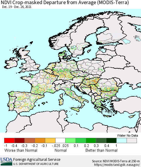 Europe Cropland NDVI Departure from Average (Terra-MODIS) Thematic Map For 12/21/2021 - 12/31/2021