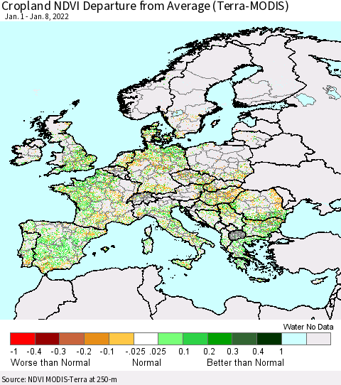 Europe Cropland NDVI Departure from Average (Terra-MODIS) Thematic Map For 1/1/2022 - 1/8/2022