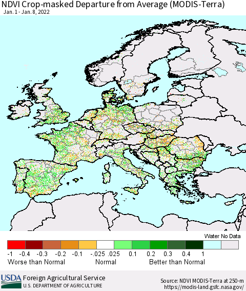 Europe Cropland NDVI Departure from Average (Terra-MODIS) Thematic Map For 1/1/2022 - 1/10/2022
