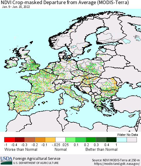 Europe Cropland NDVI Departure from Average (Terra-MODIS) Thematic Map For 1/11/2022 - 1/20/2022
