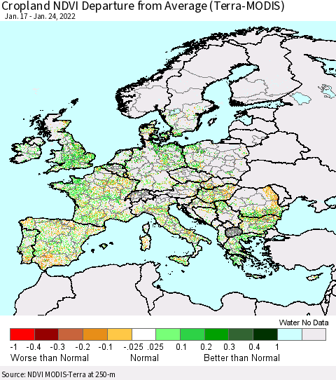 Europe Cropland NDVI Departure from Average (Terra-MODIS) Thematic Map For 1/17/2022 - 1/24/2022