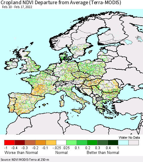 Europe Cropland NDVI Departure from Average (Terra-MODIS) Thematic Map For 2/10/2022 - 2/17/2022