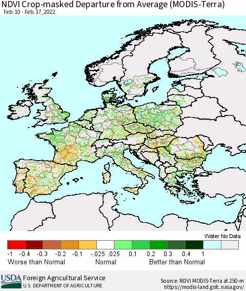 Europe Cropland NDVI Departure from Average (Terra-MODIS) Thematic Map For 2/11/2022 - 2/20/2022